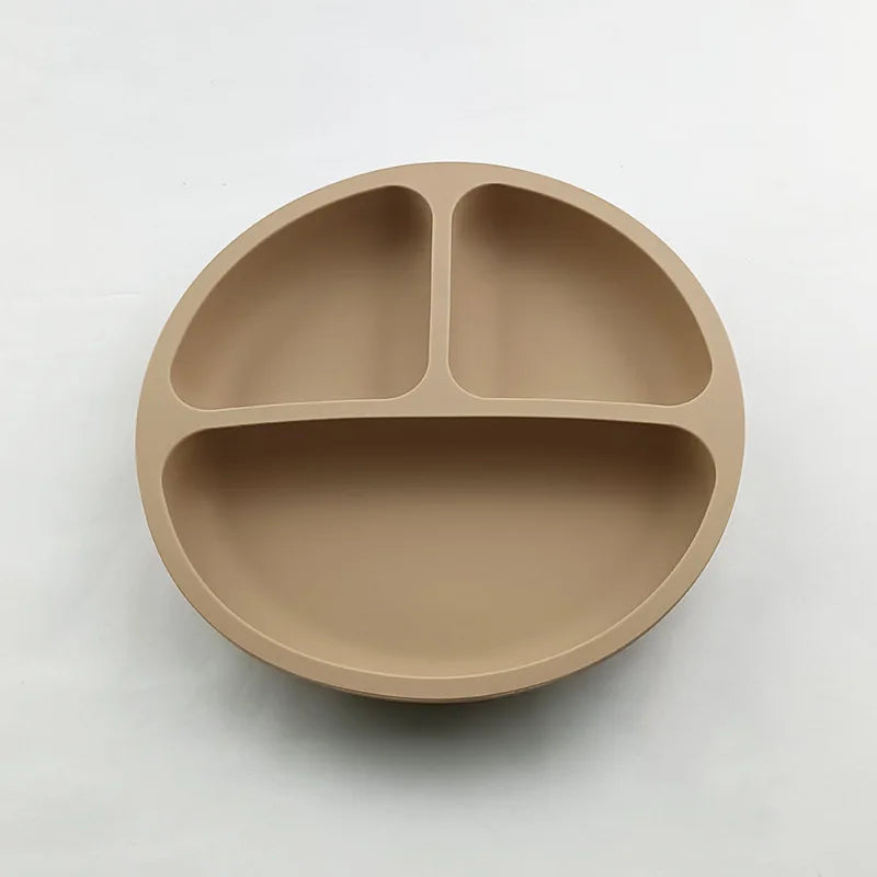 Baby Silicone Feeding Dishes Children Suction Plate Suction Sucker Bowl Wood Fork Spoon Set Toddler Training Tableware BPA Free