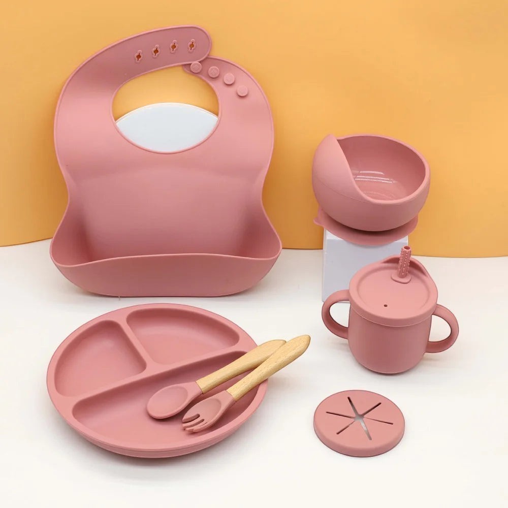 Dear Xime 7-Piece Silicone Mealtime Set โ Suction Plate, Bowl, Bib, Cup, Snack Cup & Wooden Cutlery | 6M+