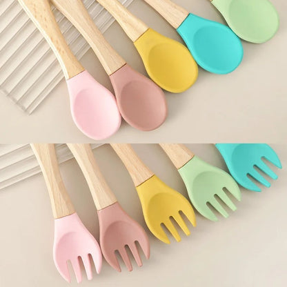 Dear Xime Wooden Handle Silicone Spoon & Fork Set — Training Utensils | 6M+