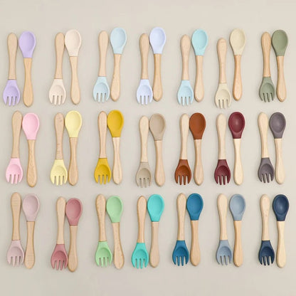Dear Xime Wooden Handle Silicone Spoon & Fork Set — Training Utensils | 6M+