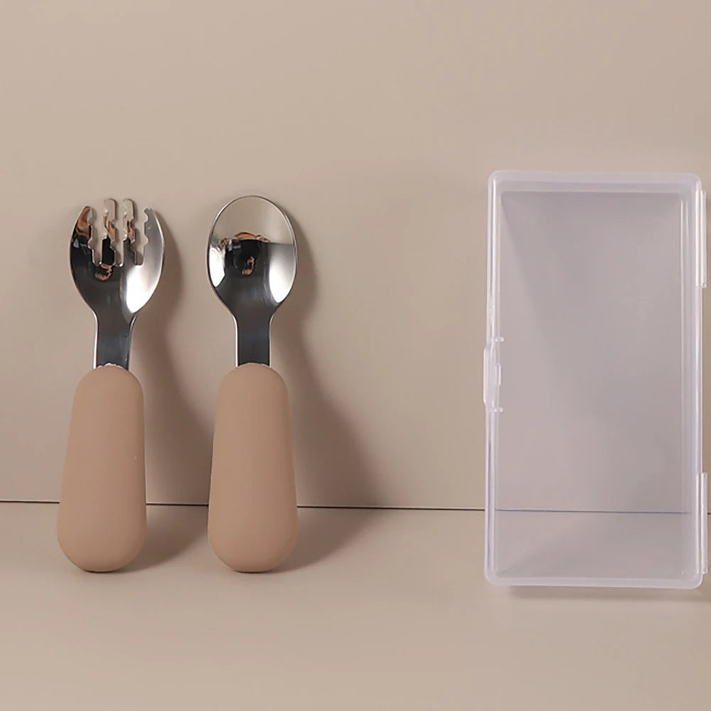 Personalized Baby Spoons and Forks Set, Silicone Handle & 316 Stainless Steel, with Storage Case, Baby Led Weaning Weaning Self