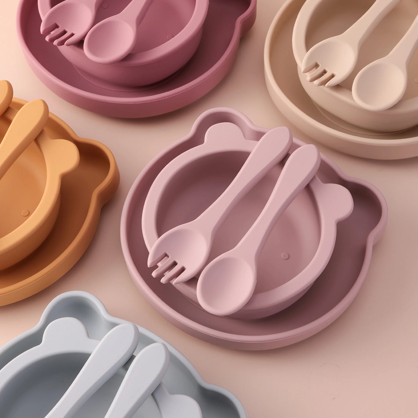 Color Kids 4PCS Silicone Feeding Tableware Set Baby Newborn Items Sucker Dishes Spoon Fork Bowls Food Training Essentials