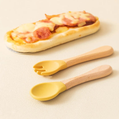 Dear Xime Wooden Handle Silicone Spoon & Fork Set — Training Utensils | 6M+