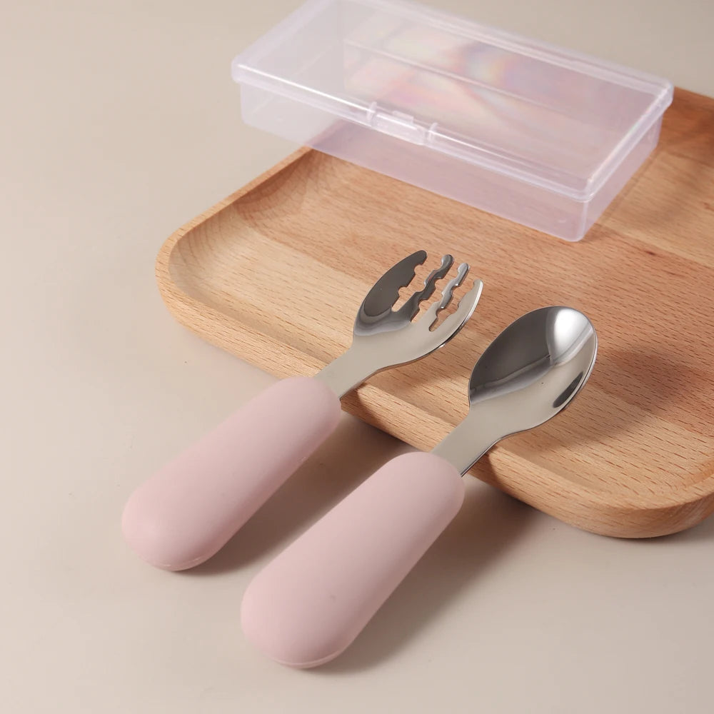 Personalized Baby Spoons and Forks Set, Silicone Handle & 316 Stainless Steel, with Storage Case, Baby Led Weaning Weaning Self