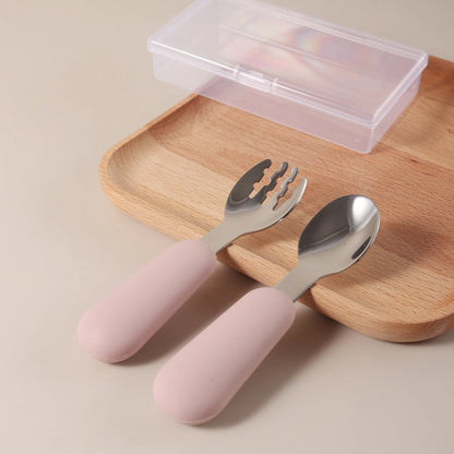 Personalized Baby Spoons and Forks Set, Silicone Handle & 316 Stainless Steel, with Storage Case, Baby Led Weaning Weaning Self