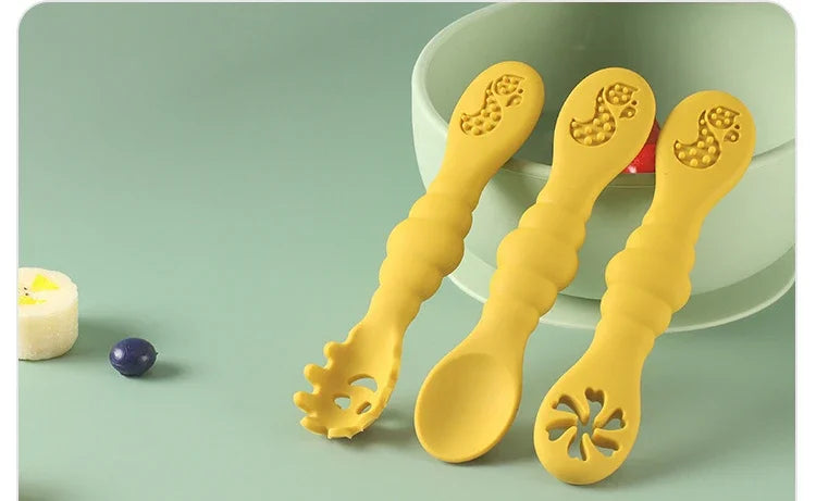 3PCS Silicone Spoon Fork For Baby Utensils Set Feeding Food Toddler Learn To Eat Training Soft Fork Cutlery Children's Tableware
