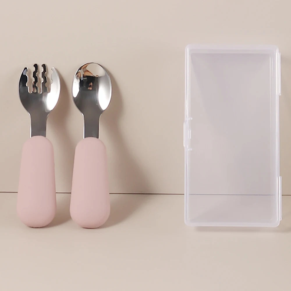 Personalized Baby Spoons and Forks Set, Silicone Handle & 316 Stainless Steel, with Storage Case, Baby Led Weaning Weaning Self