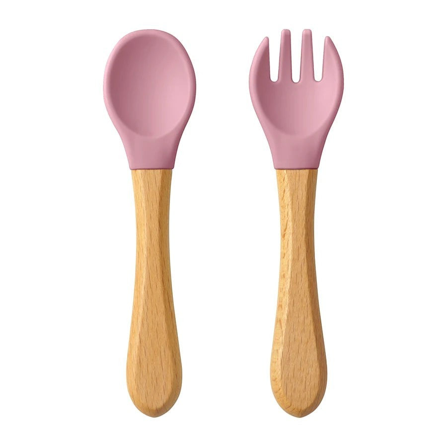 Dear Xime Wooden Handle Silicone Spoon & Fork Set — Training Utensils | 6M+