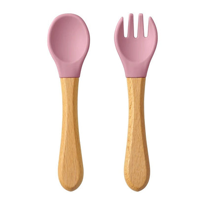 Dear Xime Wooden Handle Silicone Spoon & Fork Set — Training Utensils | 6M+