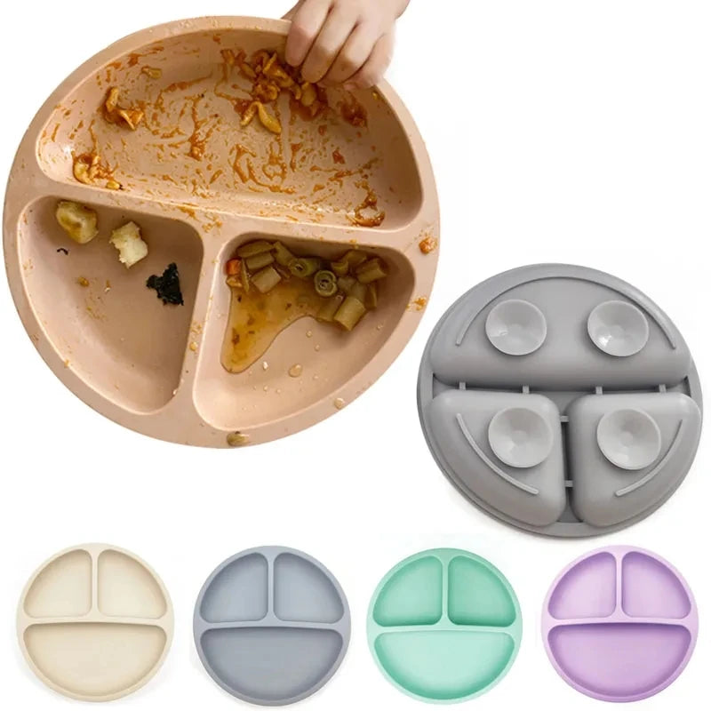 Baby Silicone Feeding Dishes Children Suction Plate Suction Sucker Bowl Wood Fork Spoon Set Toddler Training Tableware BPA Free