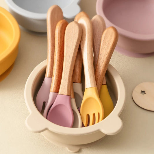 Dear Xime Wooden Handle Silicone Spoon & Fork Set — Training Utensils | 6M+