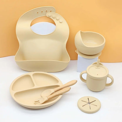 Dear Xime 7-Piece Silicone Mealtime Set — Suction Plate, Bowl, Bib, Cup, Snack Cup & Wooden Cutlery | 6M+