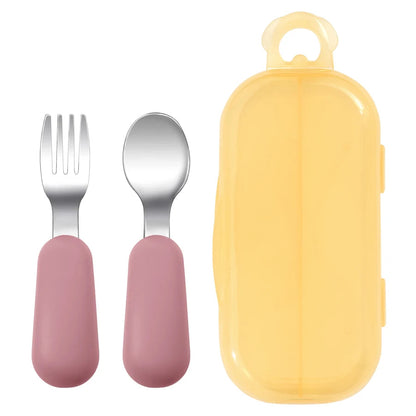 Dear Xime Silicone & Stainless Steel Baby Spoon & Fork Set — Training Utensils | 12M+