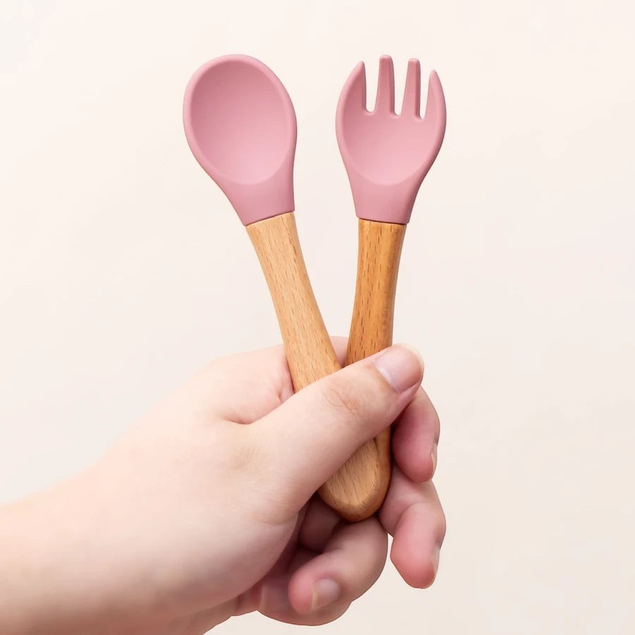 Dear Xime Wooden Handle Silicone Spoon & Fork Set — Training Utensils | 6M+