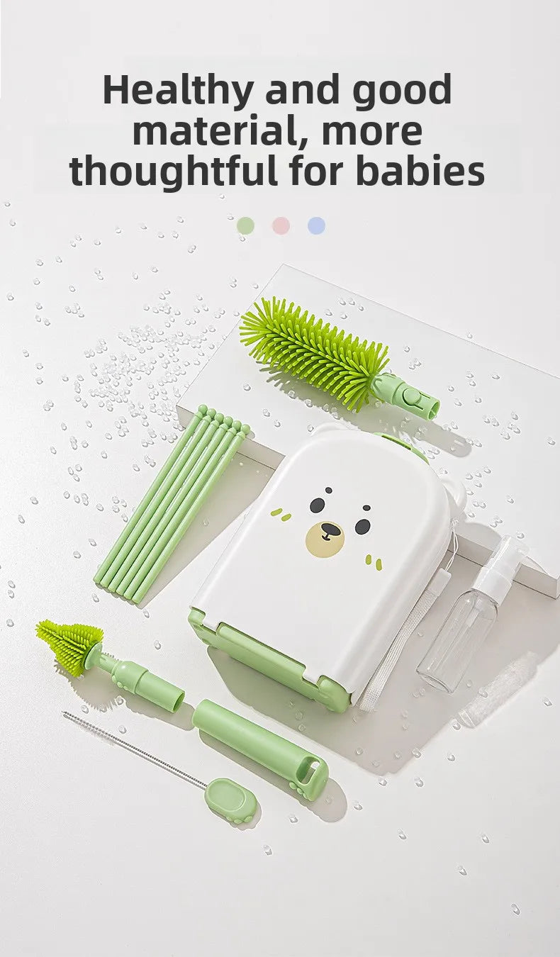 New Travel Baby Bottle Brush Set - Newborn Safe Silicone Cleaning Brushes with Storage Box for Bottles, Nipples & Accessories