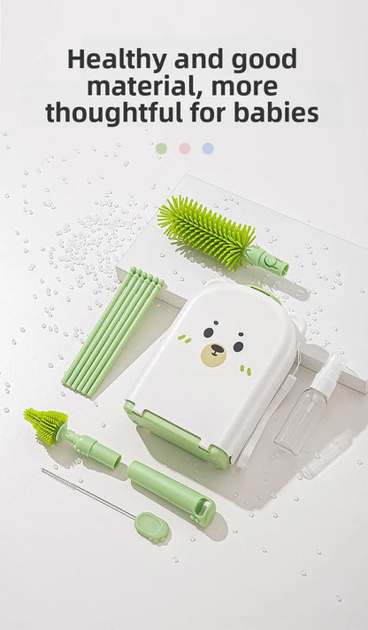 New Travel Baby Bottle Brush Set - Newborn Safe Silicone Cleaning Brushes with Storage Box for Bottles, Nipples & Accessories