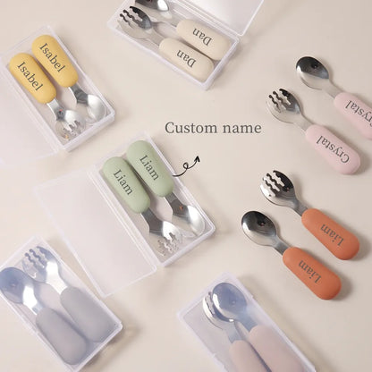 Personalized Baby Spoons and Forks Set, Silicone Handle & 316 Stainless Steel, with Storage Case, Baby Led Weaning Weaning Self