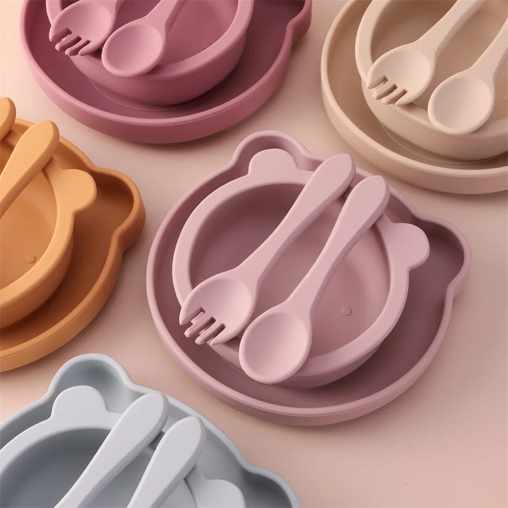 Color Kids 4PCS Silicone Feeding Tableware Set Baby Newborn Items Sucker Dishes Spoon Fork Bowls Food Training Essentials