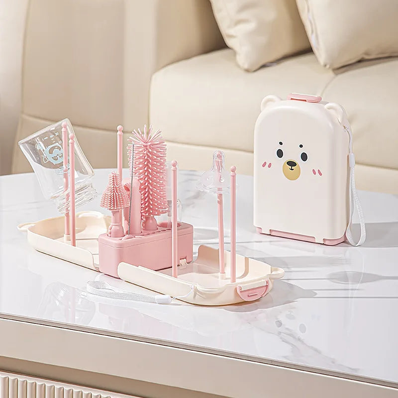 New Travel Baby Bottle Brush Set - Newborn Safe Silicone Cleaning Brushes with Storage Box for Bottles, Nipples & Accessories