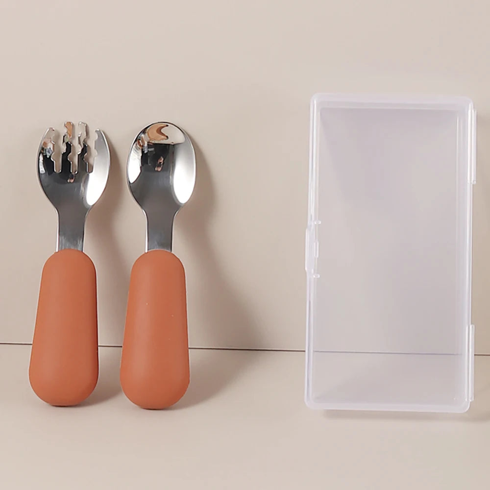 Personalized Baby Spoons and Forks Set, Silicone Handle & 316 Stainless Steel, with Storage Case, Baby Led Weaning Weaning Self