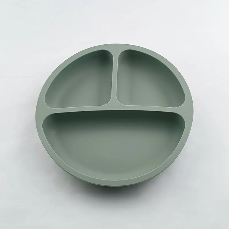 Baby Silicone Feeding Dishes Children Suction Plate Suction Sucker Bowl Wood Fork Spoon Set Toddler Training Tableware BPA Free