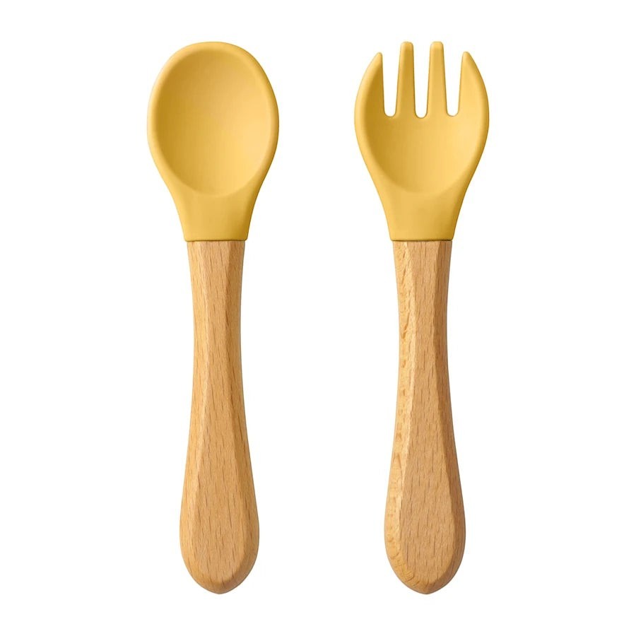 Dear Xime Wooden Handle Silicone Spoon & Fork Set — Training Utensils | 6M+