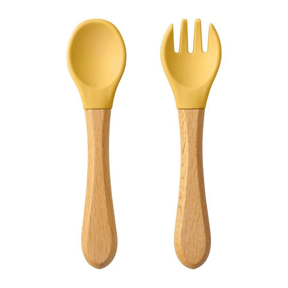Dear Xime Wooden Handle Silicone Spoon & Fork Set — Training Utensils | 6M+