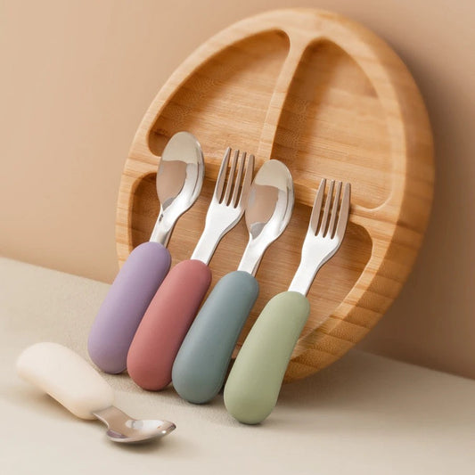 Dear Xime Silicone & Stainless Steel Baby Spoon & Fork Set — Training Utensils | 12M+
