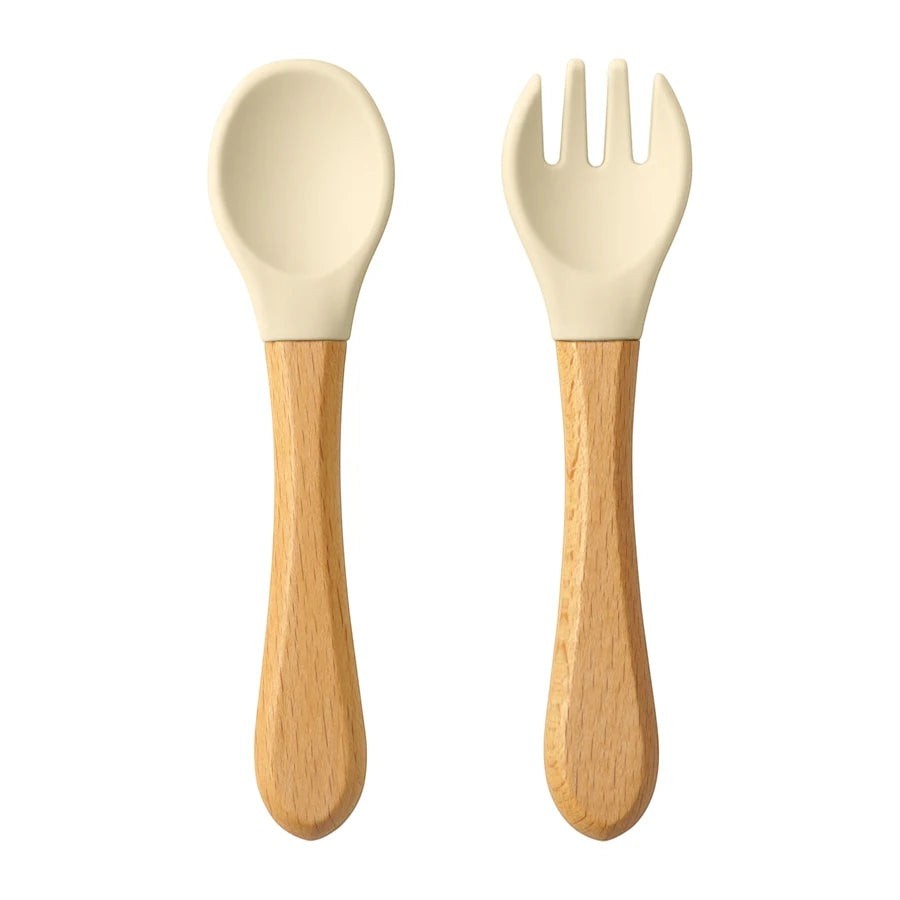 Dear Xime Wooden Handle Silicone Spoon & Fork Set — Training Utensils | 6M+