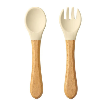 Dear Xime Wooden Handle Silicone Spoon & Fork Set — Training Utensils | 6M+
