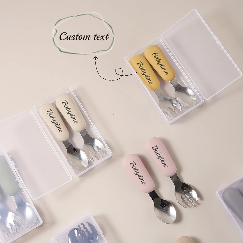 Personalized Baby Spoons and Forks Set, Silicone Handle & 316 Stainless Steel, with Storage Case, Baby Led Weaning Weaning Self