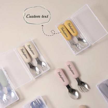 Personalized Baby Spoons and Forks Set, Silicone Handle & 316 Stainless Steel, with Storage Case, Baby Led Weaning Weaning Self