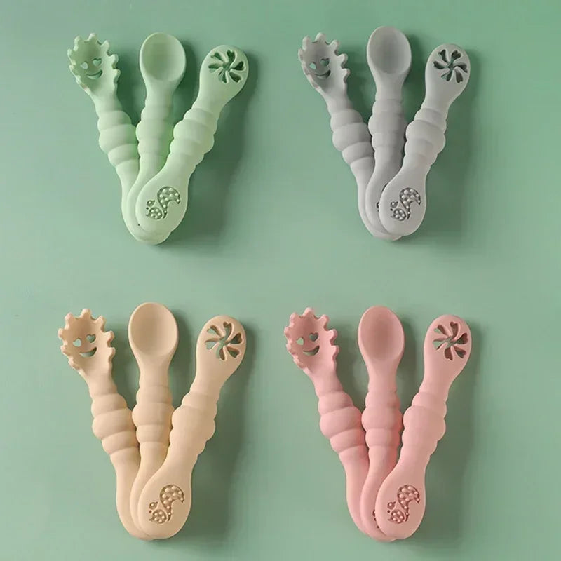 3PCS Silicone Spoon Fork For Baby Utensils Set Feeding Food Toddler Learn To Eat Training Soft Fork Cutlery Children's Tableware