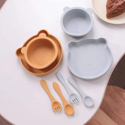 Color Kids 4PCS Silicone Feeding Tableware Set Baby Newborn Items Sucker Dishes Spoon Fork Bowls Food Training Essentials