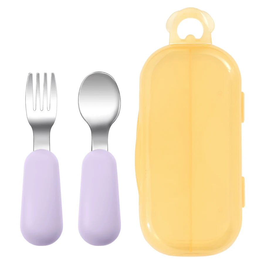 Dear Xime Silicone & Stainless Steel Baby Spoon & Fork Set — Training Utensils | 12M+