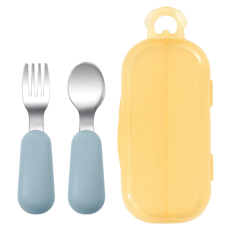 Dear Xime Silicone & Stainless Steel Baby Spoon & Fork Set — Training Utensils | 12M+