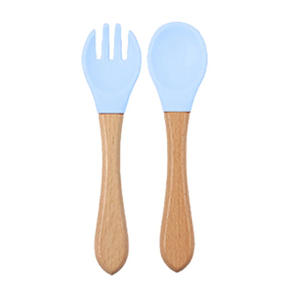 Baby Silicone Feeding Dishes Children Suction Plate Suction Sucker Bowl Wood Fork Spoon Set Toddler Training Tableware BPA Free