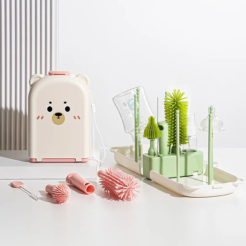 New Travel Baby Bottle Brush Set - Newborn Safe Silicone Cleaning Brushes with Storage Box for Bottles, Nipples & Accessories