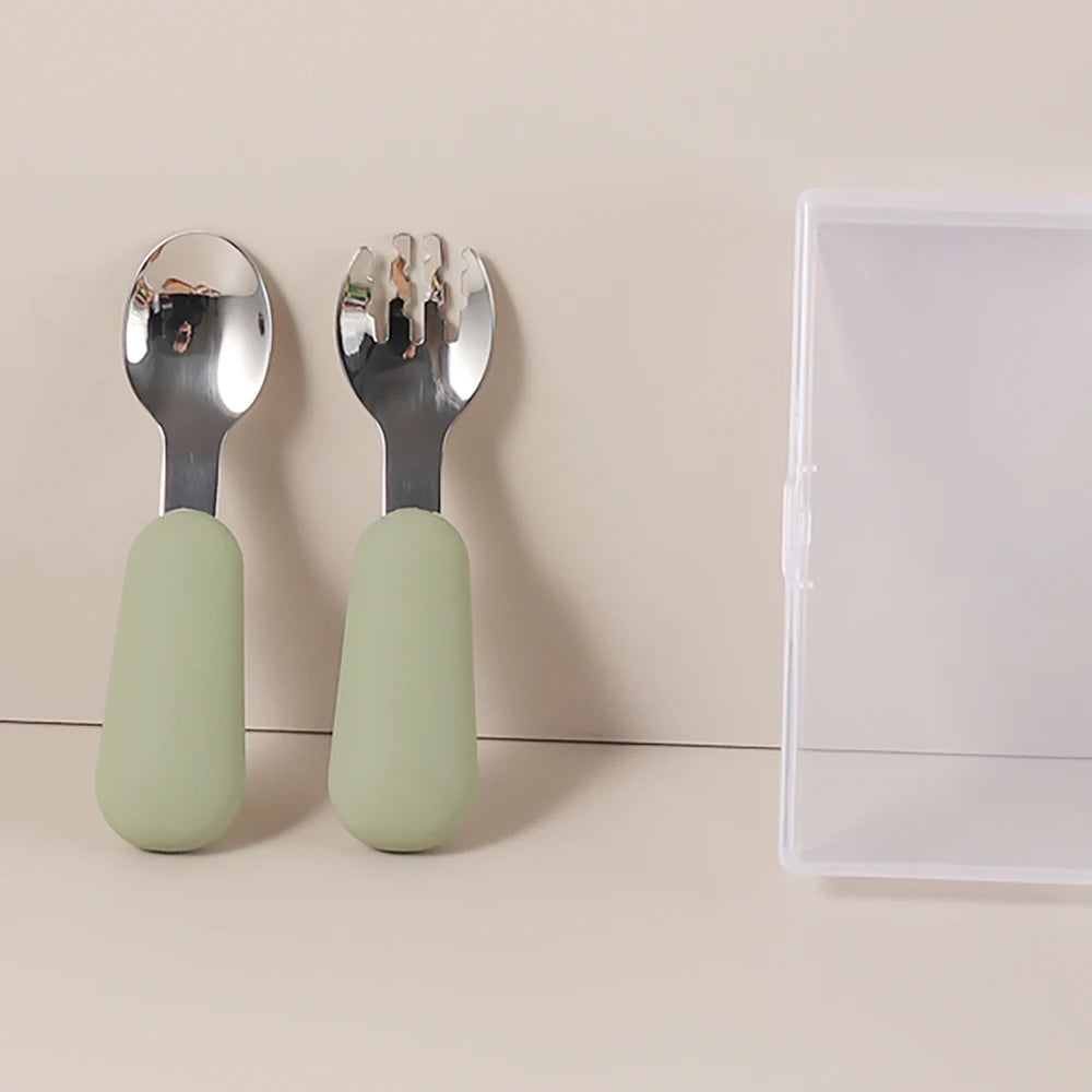 Personalized Baby Spoons and Forks Set, Silicone Handle & 316 Stainless Steel, with Storage Case, Baby Led Weaning Weaning Self