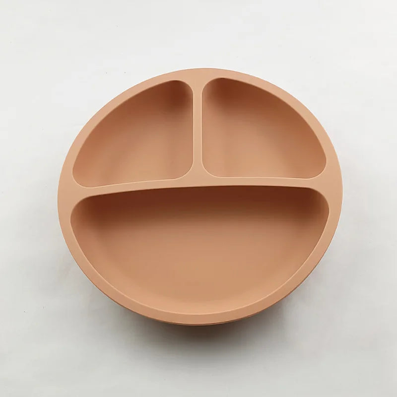 Baby Silicone Feeding Dishes Children Suction Plate Suction Sucker Bowl Wood Fork Spoon Set Toddler Training Tableware BPA Free