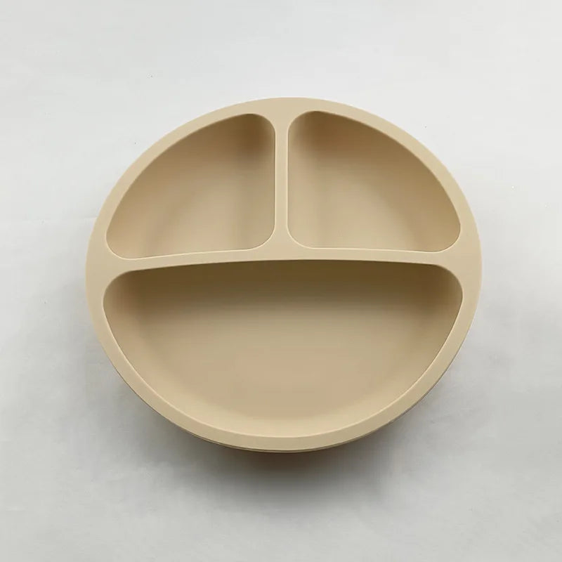 Baby Silicone Feeding Dishes Children Suction Plate Suction Sucker Bowl Wood Fork Spoon Set Toddler Training Tableware BPA Free