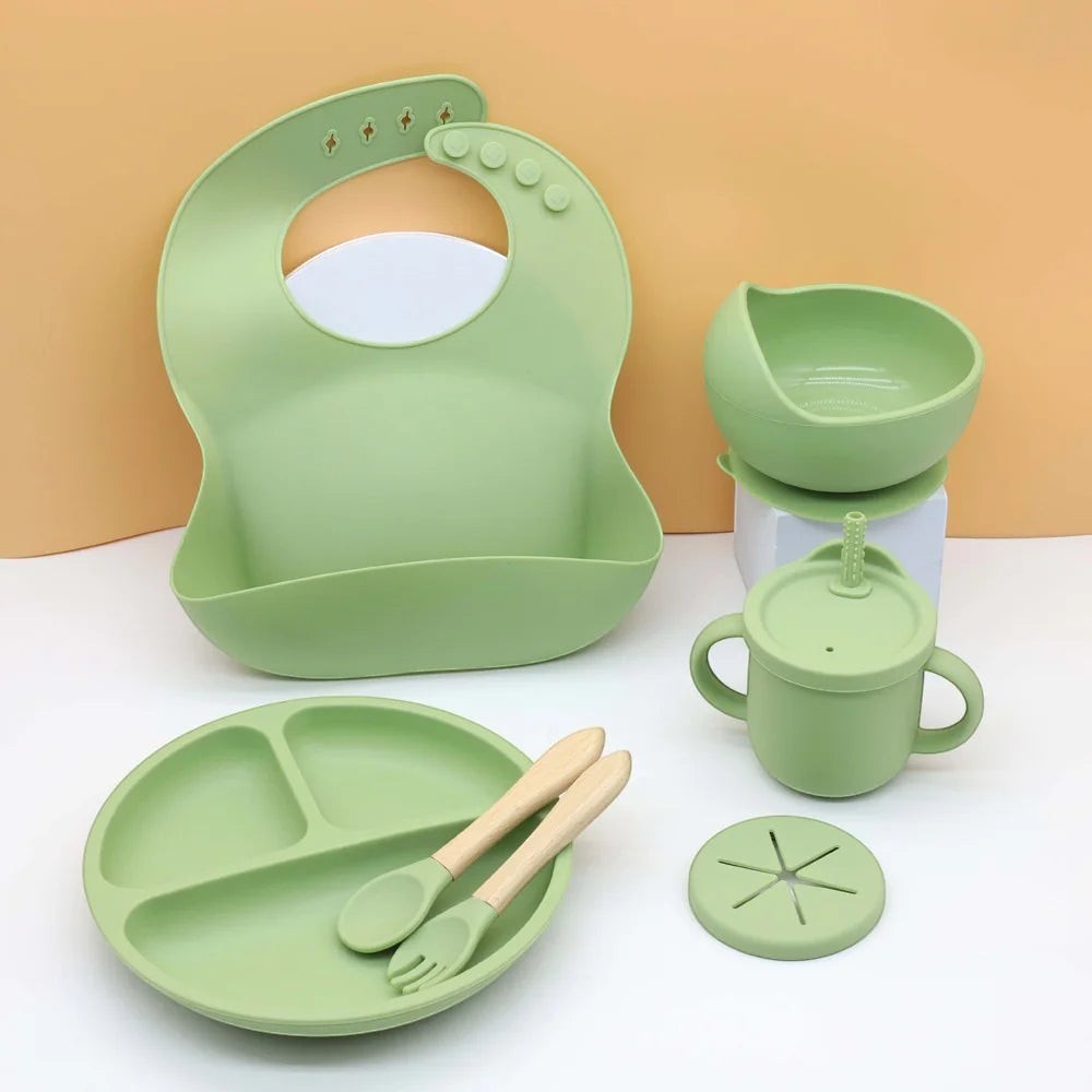 Dear Xime 7-Piece Silicone Mealtime Set — Suction Plate, Bowl, Bib, Cup, Snack Cup & Wooden Cutlery | 6M+