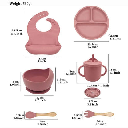 Dear Xime 7-Piece Silicone Mealtime Set — Suction Plate, Bowl, Bib, Cup, Snack Cup & Wooden Cutlery | 6M+