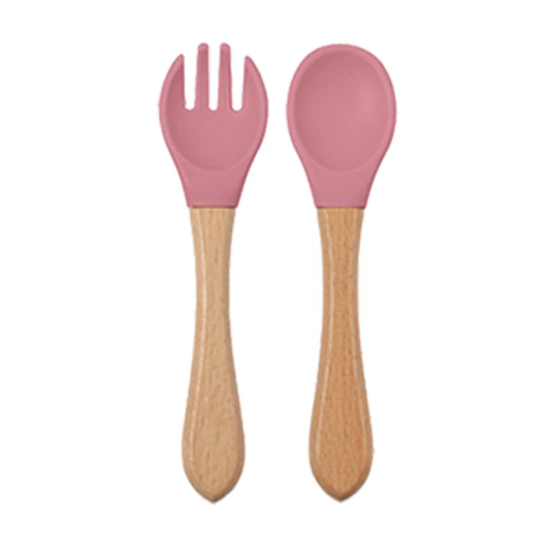 Baby Silicone Feeding Dishes Children Suction Plate Suction Sucker Bowl Wood Fork Spoon Set Toddler Training Tableware BPA Free