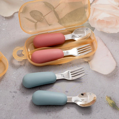 Dear Xime Silicone & Stainless Steel Baby Spoon & Fork Set — Training Utensils | 12M+