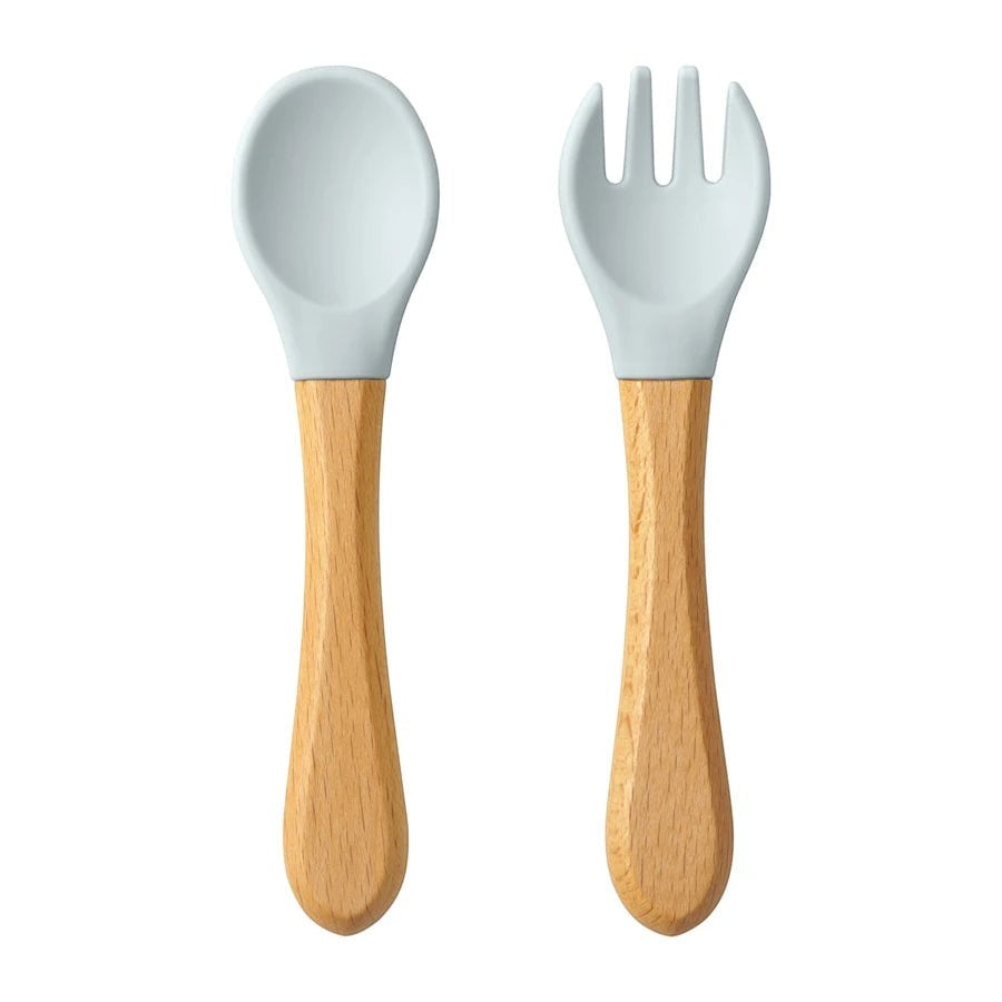 Dear Xime Wooden Handle Silicone Spoon & Fork Set — Training Utensils | 6M+