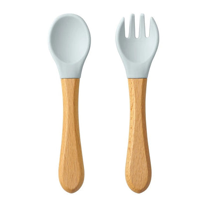 Dear Xime Wooden Handle Silicone Spoon & Fork Set — Training Utensils | 6M+
