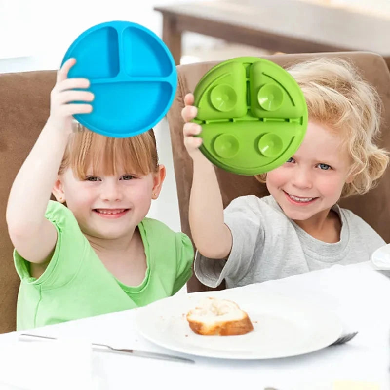 Baby Silicone Feeding Dishes Children Suction Plate Suction Sucker Bowl Wood Fork Spoon Set Toddler Training Tableware BPA Free