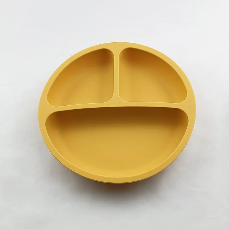 Baby Silicone Feeding Dishes Children Suction Plate Suction Sucker Bowl Wood Fork Spoon Set Toddler Training Tableware BPA Free