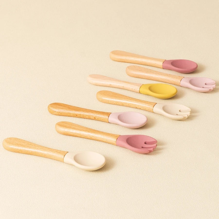 Dear Xime Wooden Handle Silicone Spoon & Fork Set — Training Utensils | 6M+